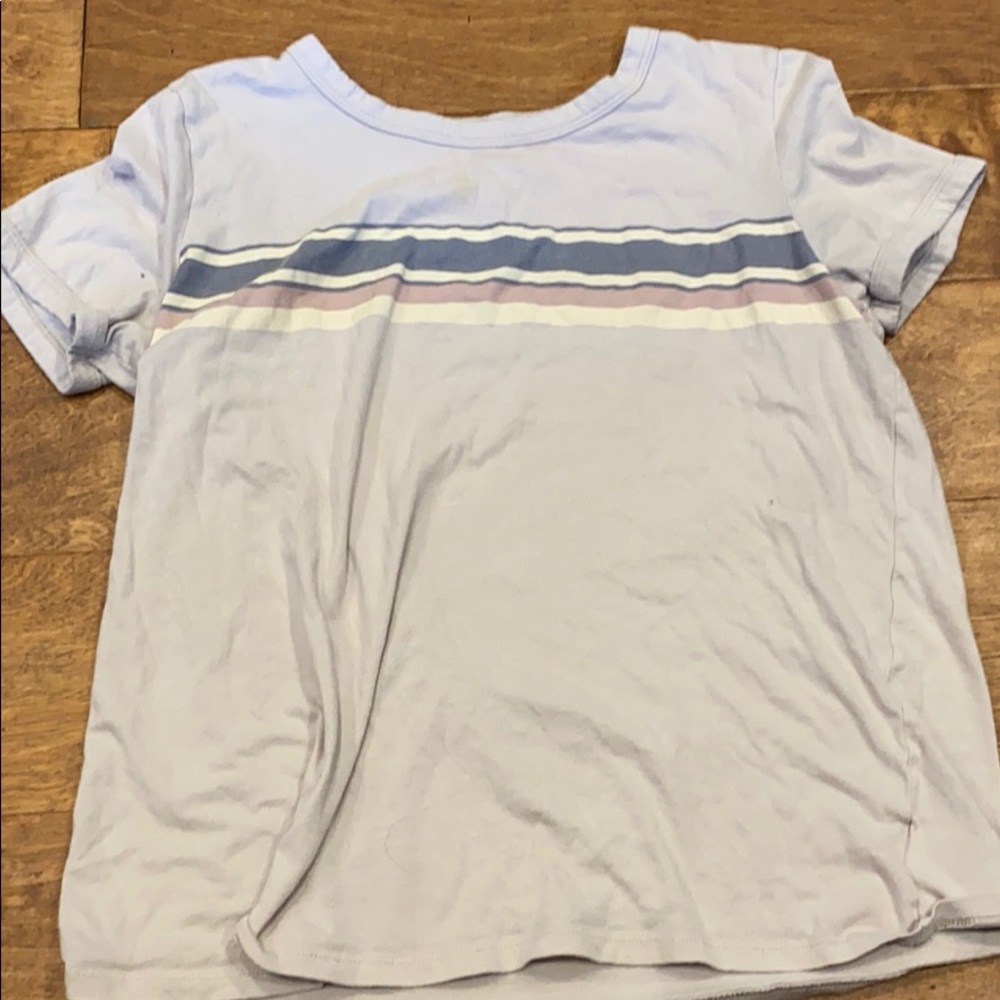 purple shirt with stripes